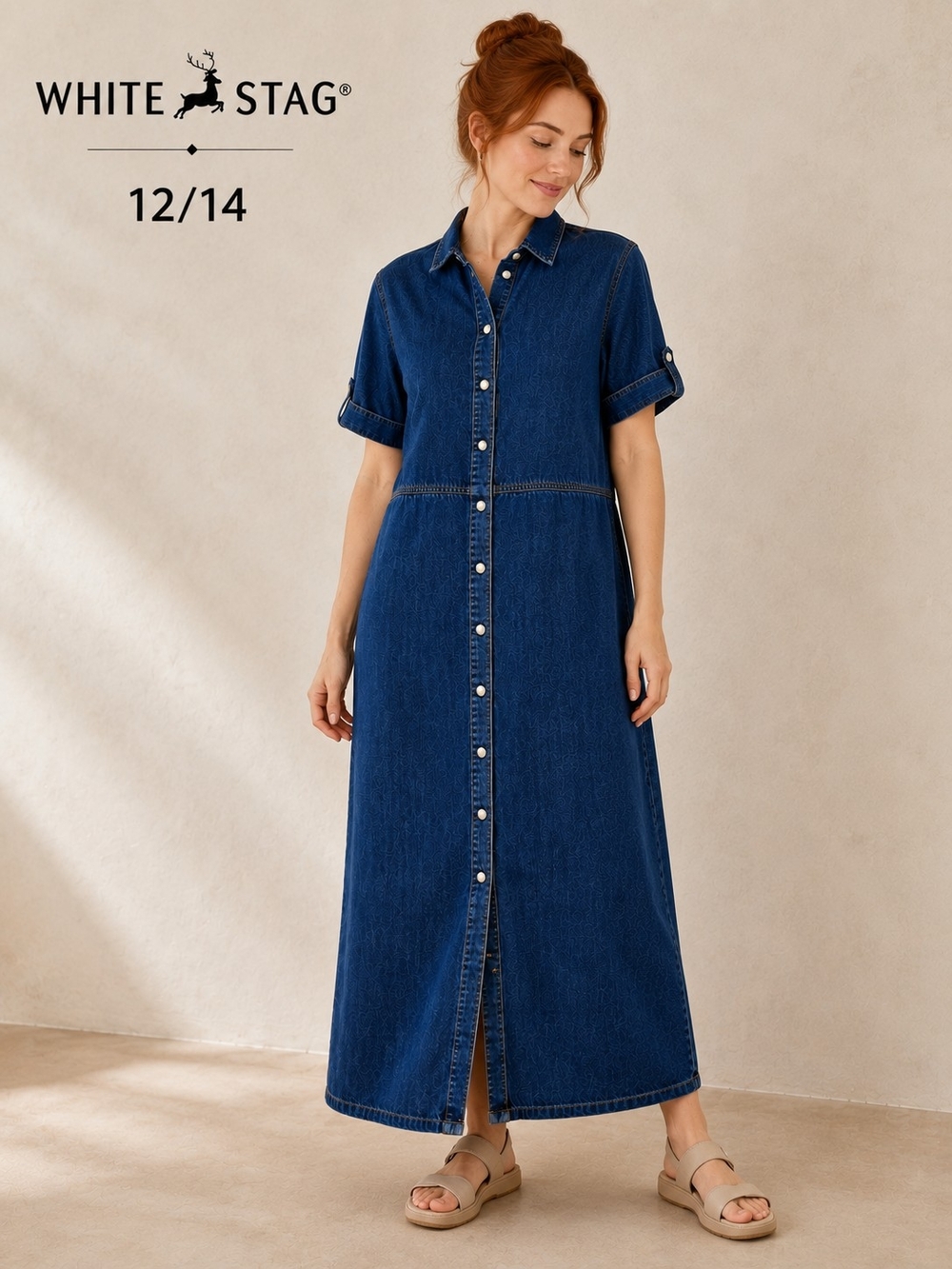 White Stag Women’s Med Blue Denim Shirt Dress 100% Cotton Short Sleeve L 12/14